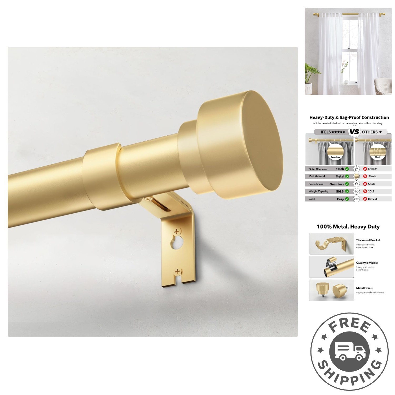 Sturdy 30-60 Inch Gold Curtain Rod with Easy Installation for Modern Homes