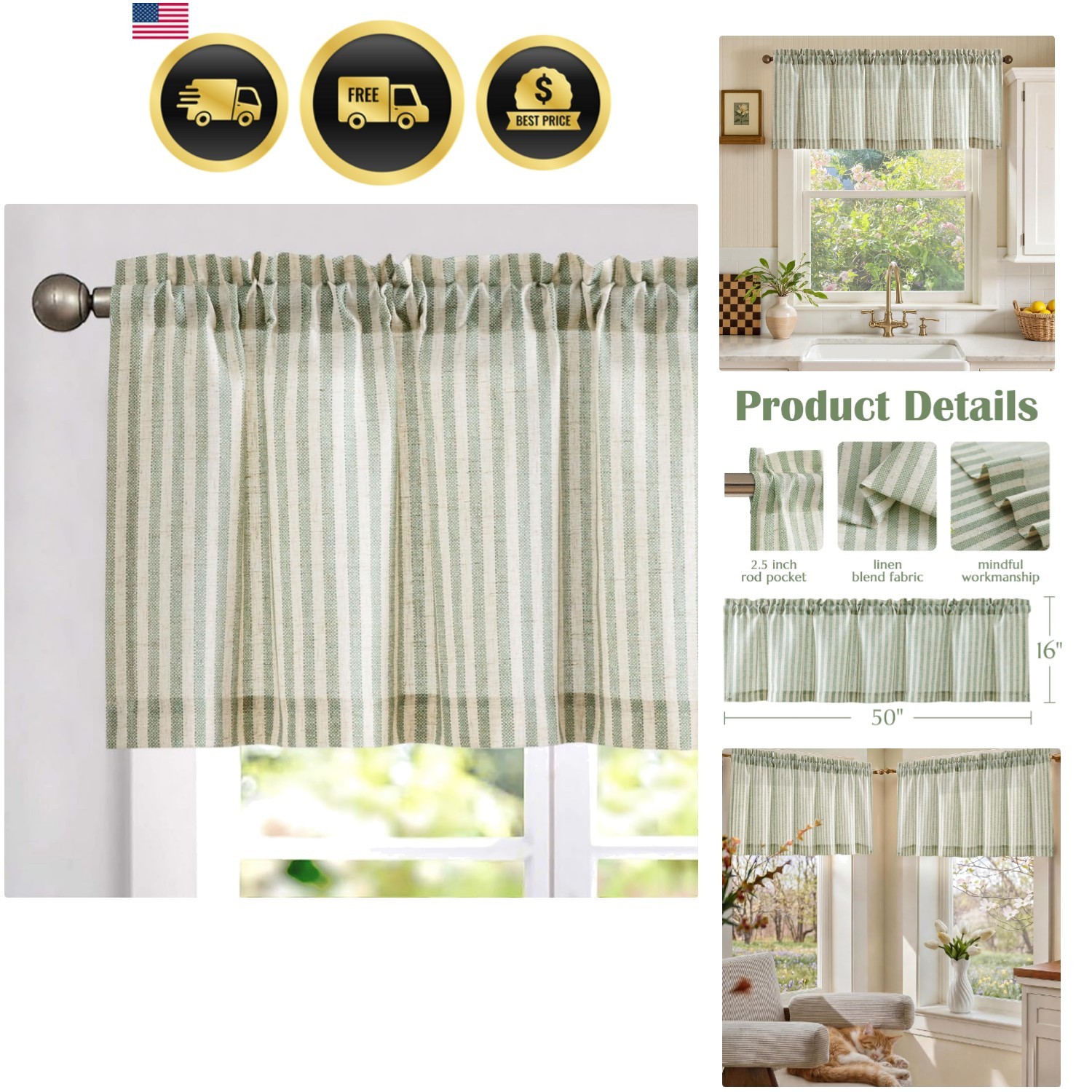 Valance Curtain Linen Textured Striped Window Curtain for Living Room Light F…
