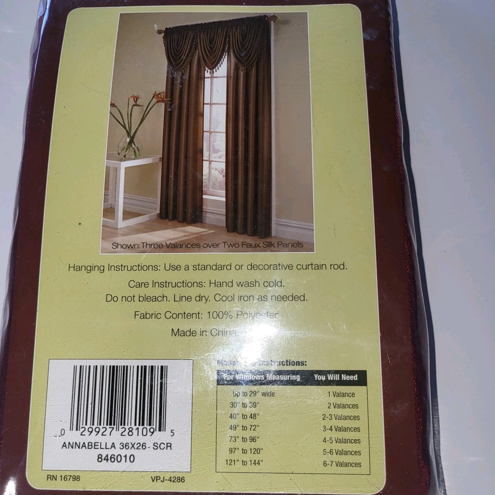Annabella Scarlet Faux Silk Beaded Trim Rod Pocket Valance Curtain 36′ x 26″ NIP