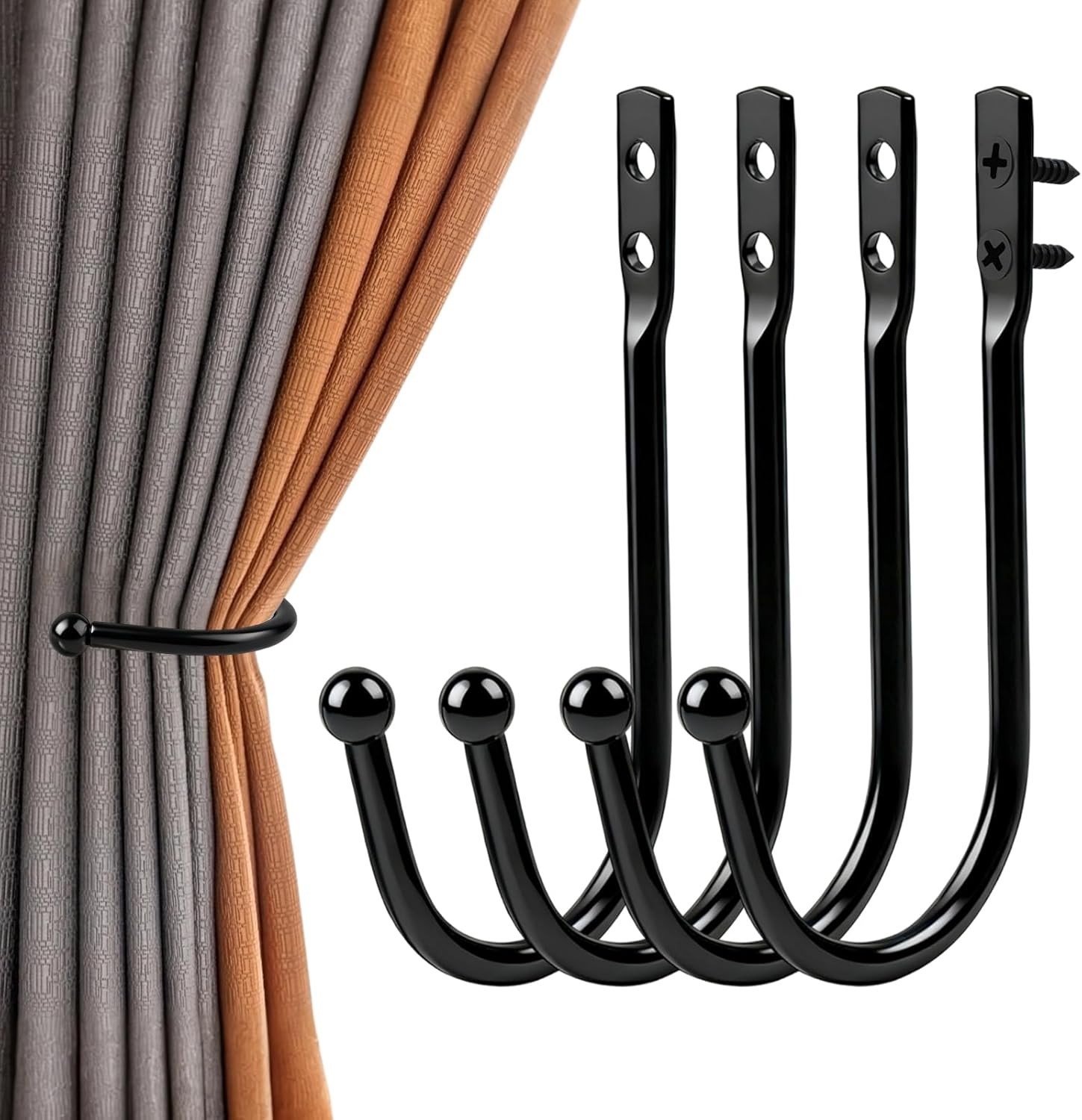 4-Pack Curtain Holdbacks – Screw-In Curtain Tiebacks – Black Wall Mounted Hooks