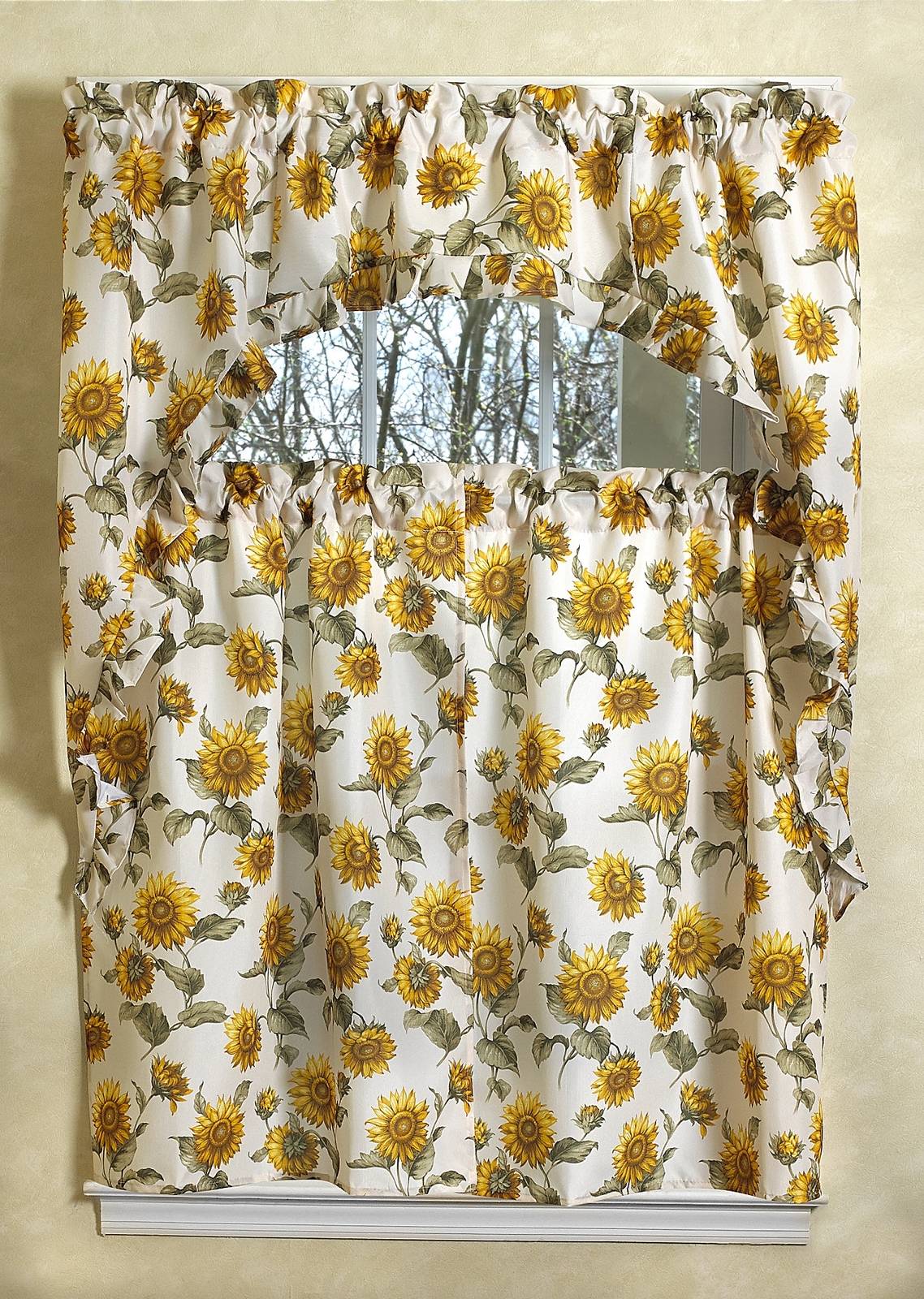 Violet Linen Classic Euro Sunflower 3 Piece Kitchen Curtain Set, Large Sunflower