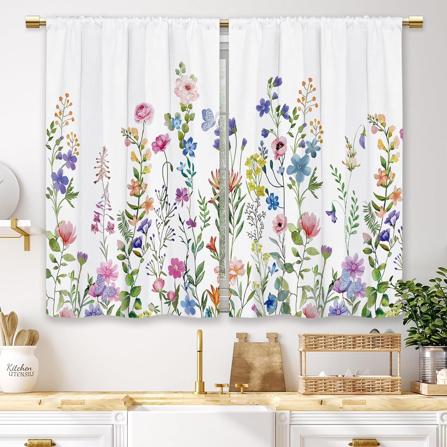 Colorful Floral Kitchen Curtains Flower Plant Wildflower Small Short Cafe Window