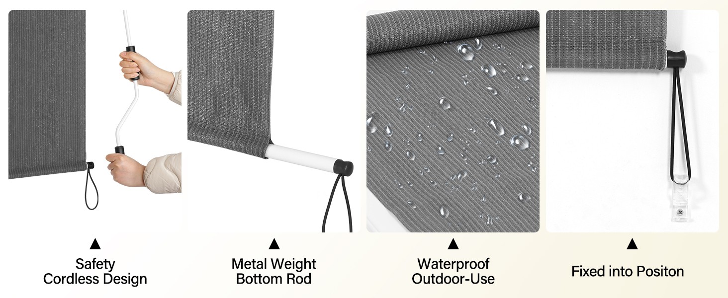 Outdoor Roller Shades 8′ W x 6′ L (96″ W x 72″ H), Cordless Patio Shades Roll Up