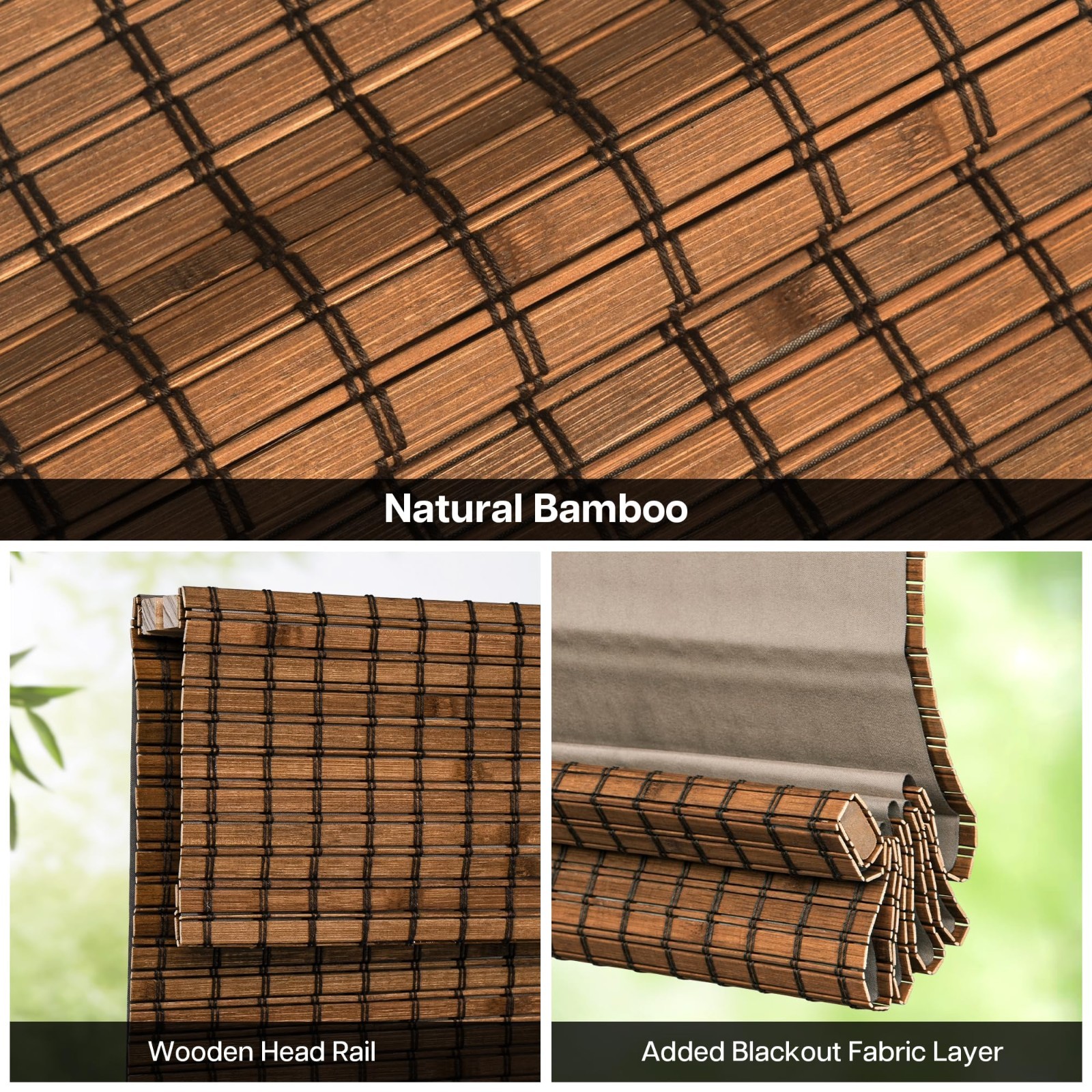 LazBlinds Cordless Blackout Bamboo Roman Shades, Room Darkening Blinds for Inter