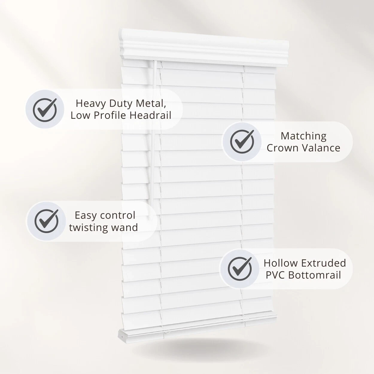 Bravada Cordless Blinds, 2 inch Faux Wood- All Sizes, White- EXACT WIDTH