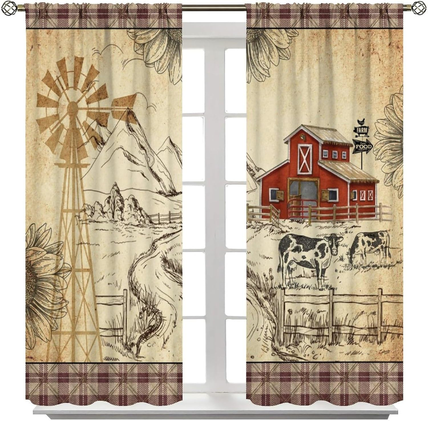 Retro Farm Cow Curtain for Bedroom,Vintage Brown Windmill Sunflower Country Far