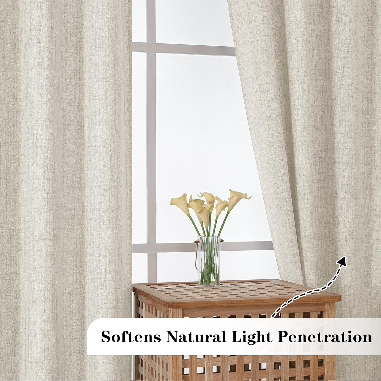 Natural Cafe Curtains 24 Inch Length, Light Filtering Faux Linen Slub Textured S