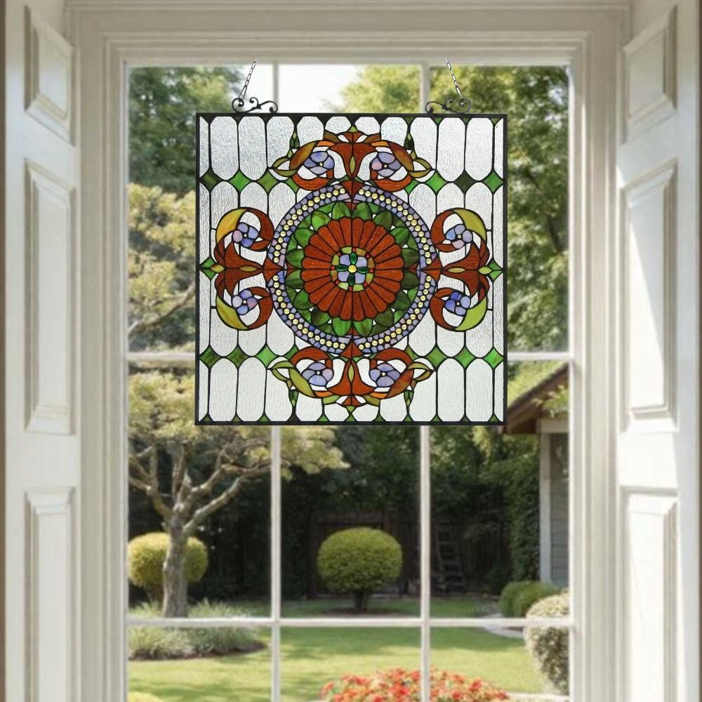 Colorful Stained Glass Window Panel Suncatcher with Jewels 25x25in