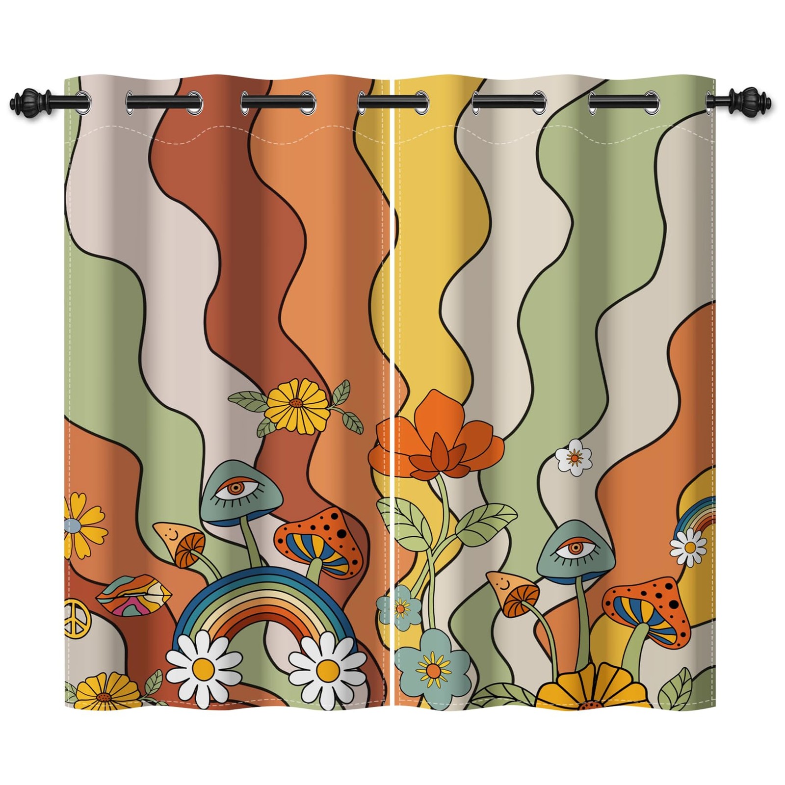 Groovy Eye Mushrooms Window Curtains Boho Rainbow Daisy Flowers Decorative Bl…