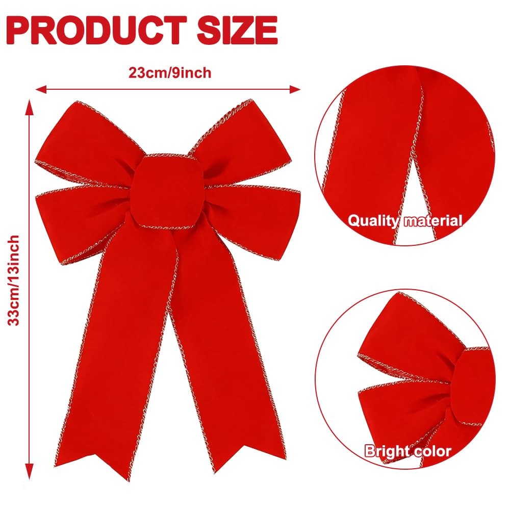 10PCS Christmas Red Bows Decorations, 9 x 13 Inches Large Velvet Christmas Tr…