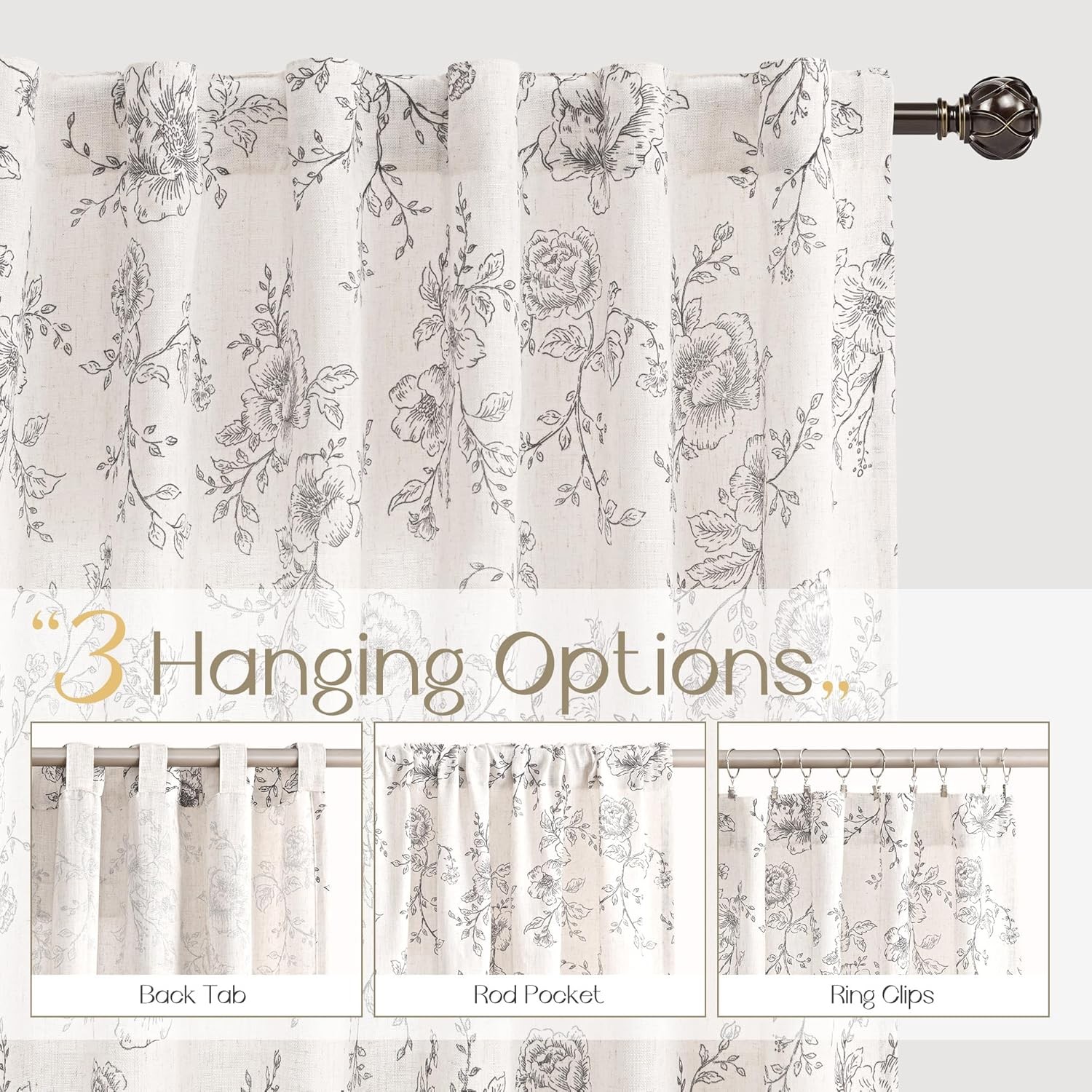 Meikelor Printed Linen Curtains 90 Inch Length 2 Panels