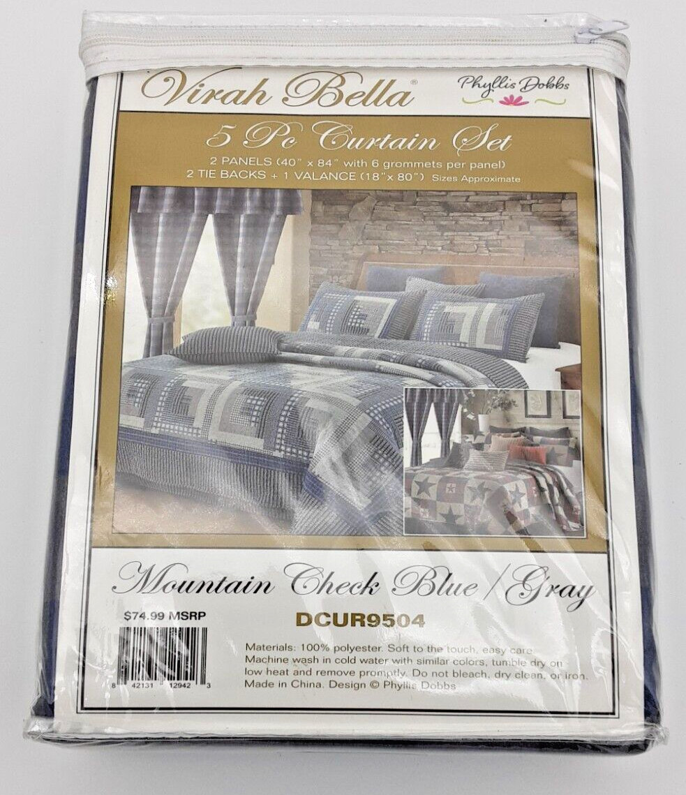 Virah Bella 5pc Mountain Check Blue/Gray Curtain Set 2 Panels 6 Grommets Valance