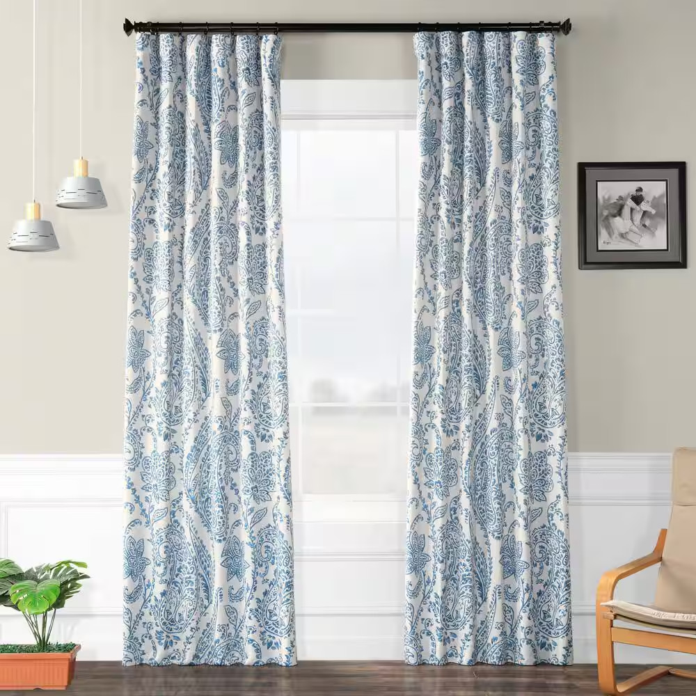 Tea Time China Blue Floral Room Darkening Curtain – 50 In. W X 96 In. L Rod Pock