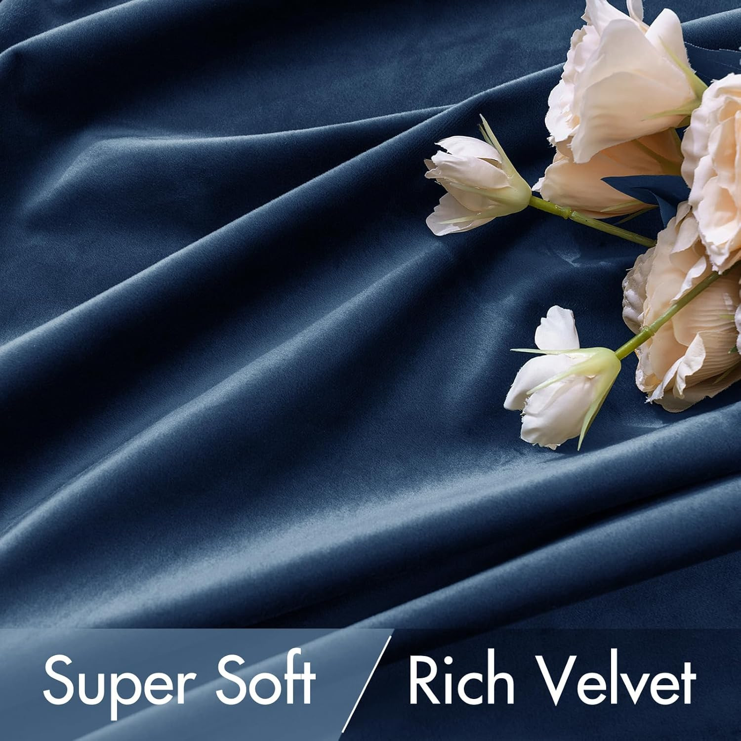 Luxury Navy Blue Velvet Blackout Curtains 90 Inches, 2 Panels
