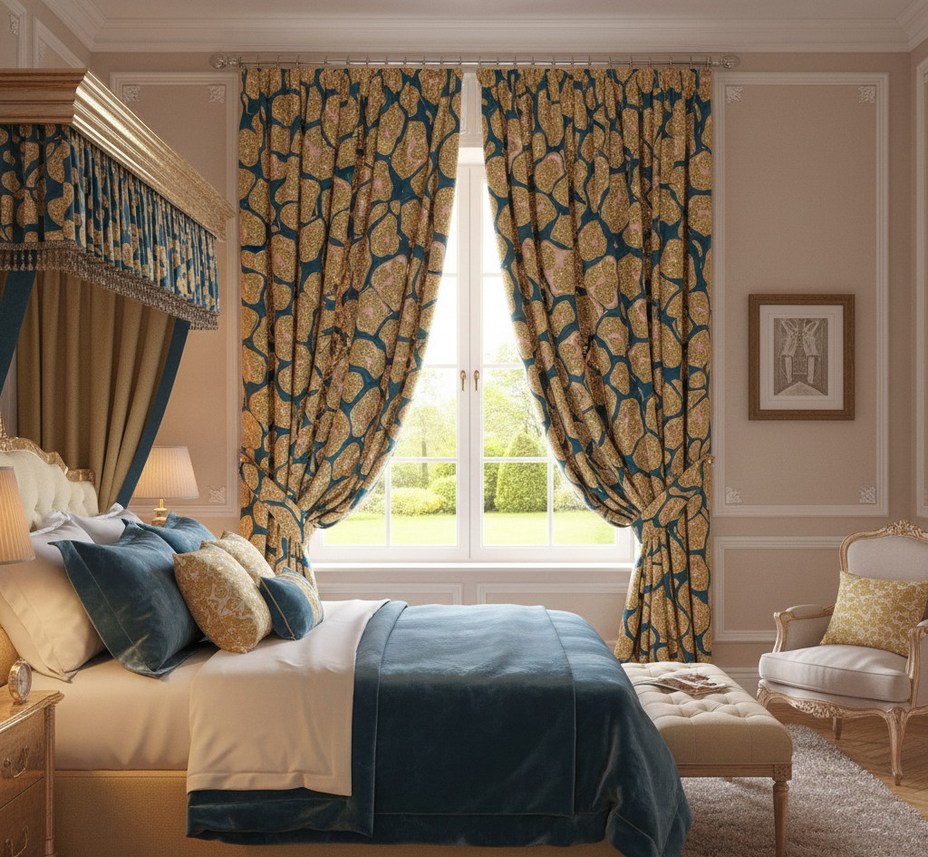Golden Teal Mosaic Window Curtains, Dense Floral Panel, Living Room 70% Ligh
