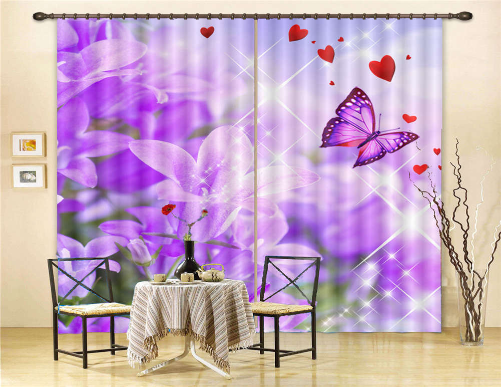 Purple Flower Butterfly 3D Curtain Blockout Photo Printing Curtains Drape Fabric