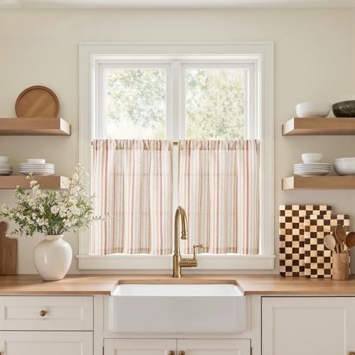 Colorful Striped Linen Kitchen 26″W x 24″L (Pack of 2) Rod Pocket Multi Red