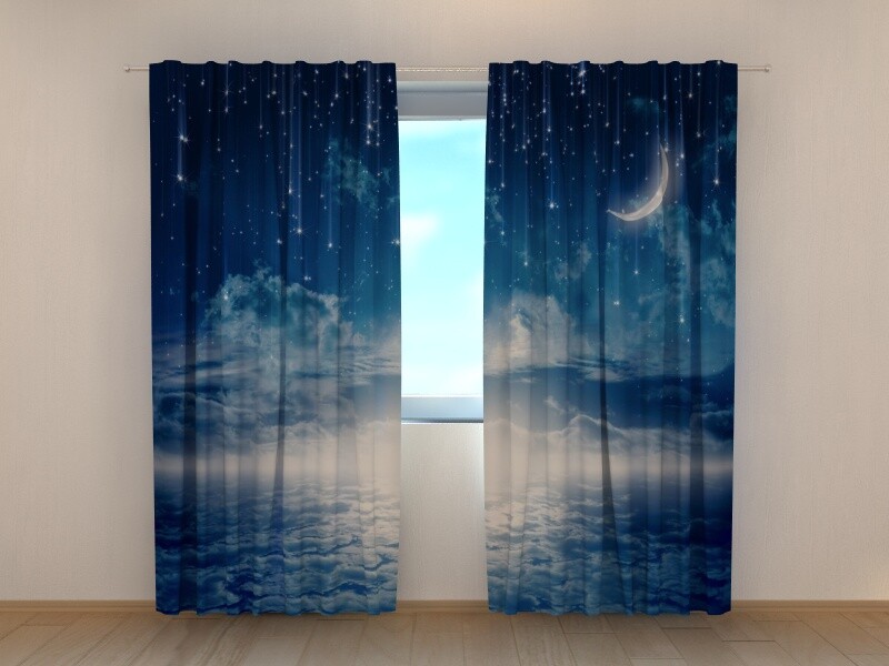 Photo Curtain Printed Starry Night Clouds Moon Stars Wellmira Made to Measure