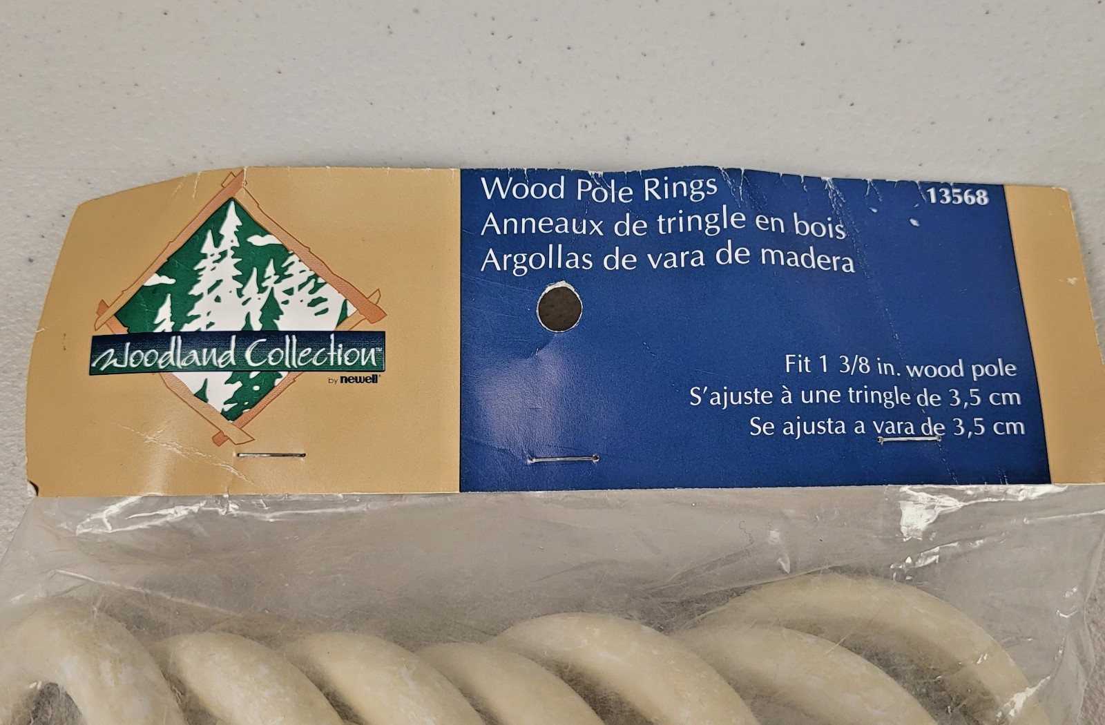Vtg Solid Wood Rings 7p Woodland Whitewash for 1 3/8″ Pole Curtain Drapes Unused