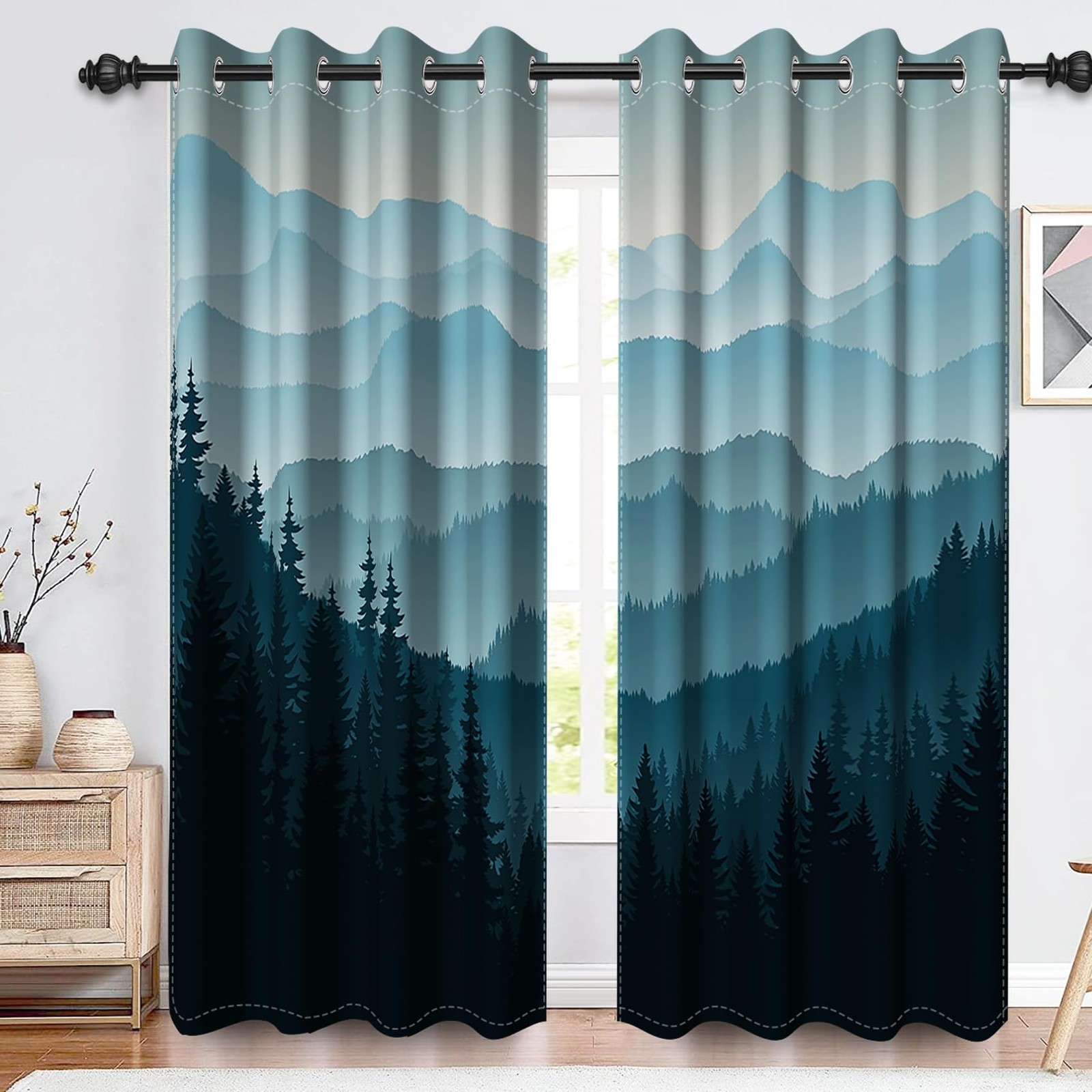 Mountain Forest Blackout Curtains for Bedroom Blue Abstract Misty Trees Woodl…