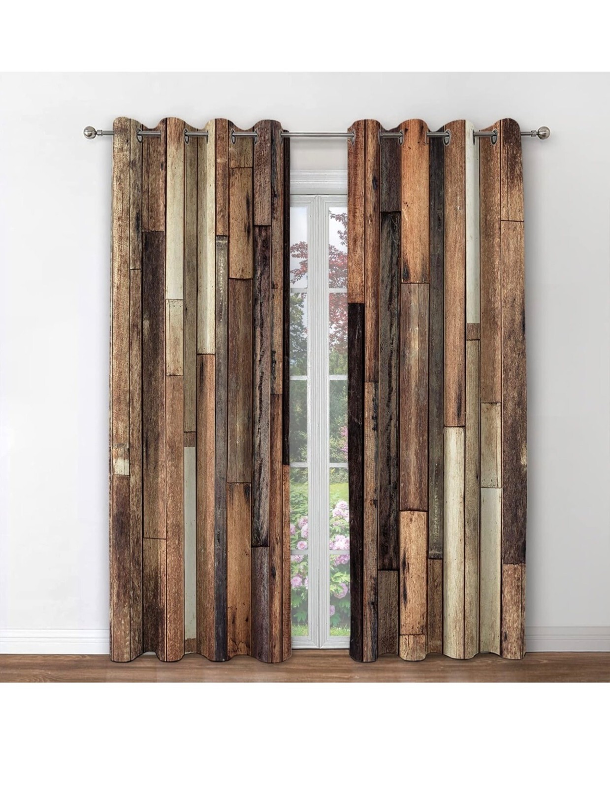 Rustic Wood Print Pair Window Curtains 42×84 Inch Metal Grommets Room Darkening