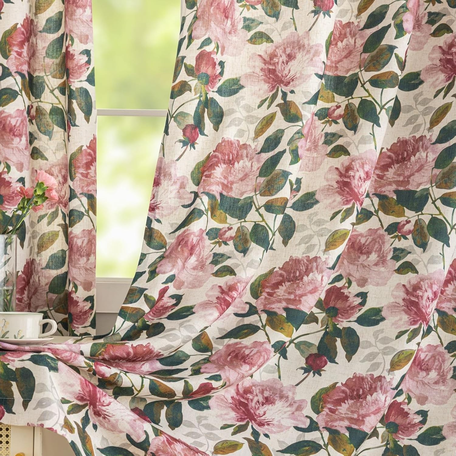 Floral linen curtains, dimensions: 50 inches wide x 63 inches long
