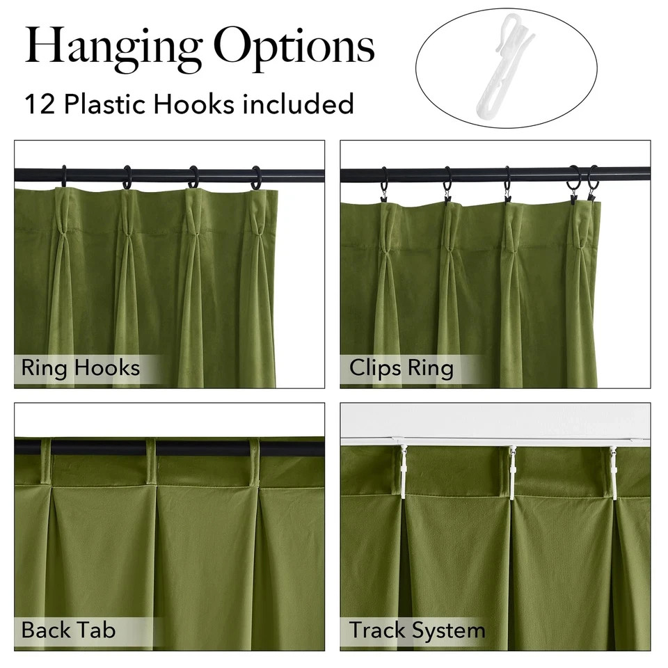 Olive Green Velvet Pinch Pleated Curtains 96 inches Long, Block Light Thermal In