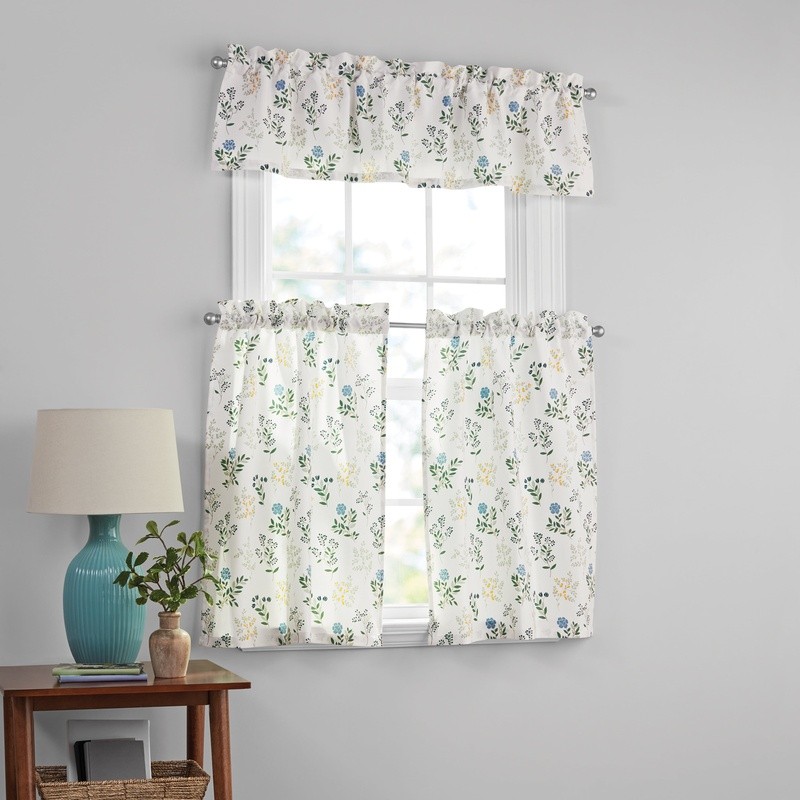 3-Piece Indoor Curtain Set Printed Tiers Valance Light Filtering Kitchen Decor