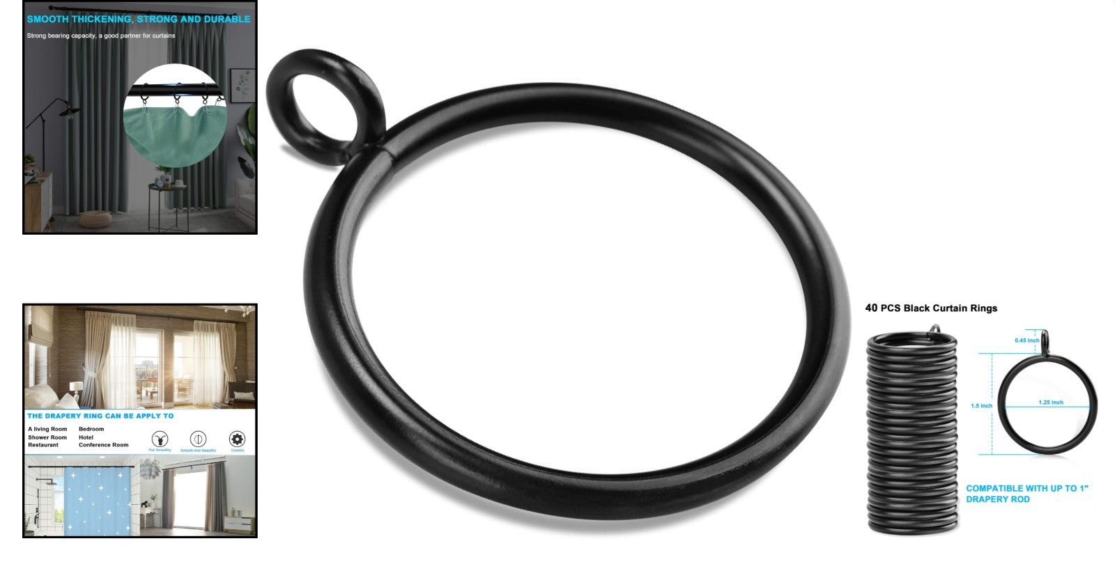 40PCS Black Metal Curtain Rings with Eyelet for Up to 1 Inch Rod Durable Finish