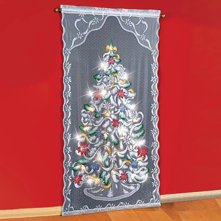 Lighted LED White Lace Christmas Tree Curtain Door Panel Festive Holiday Decor