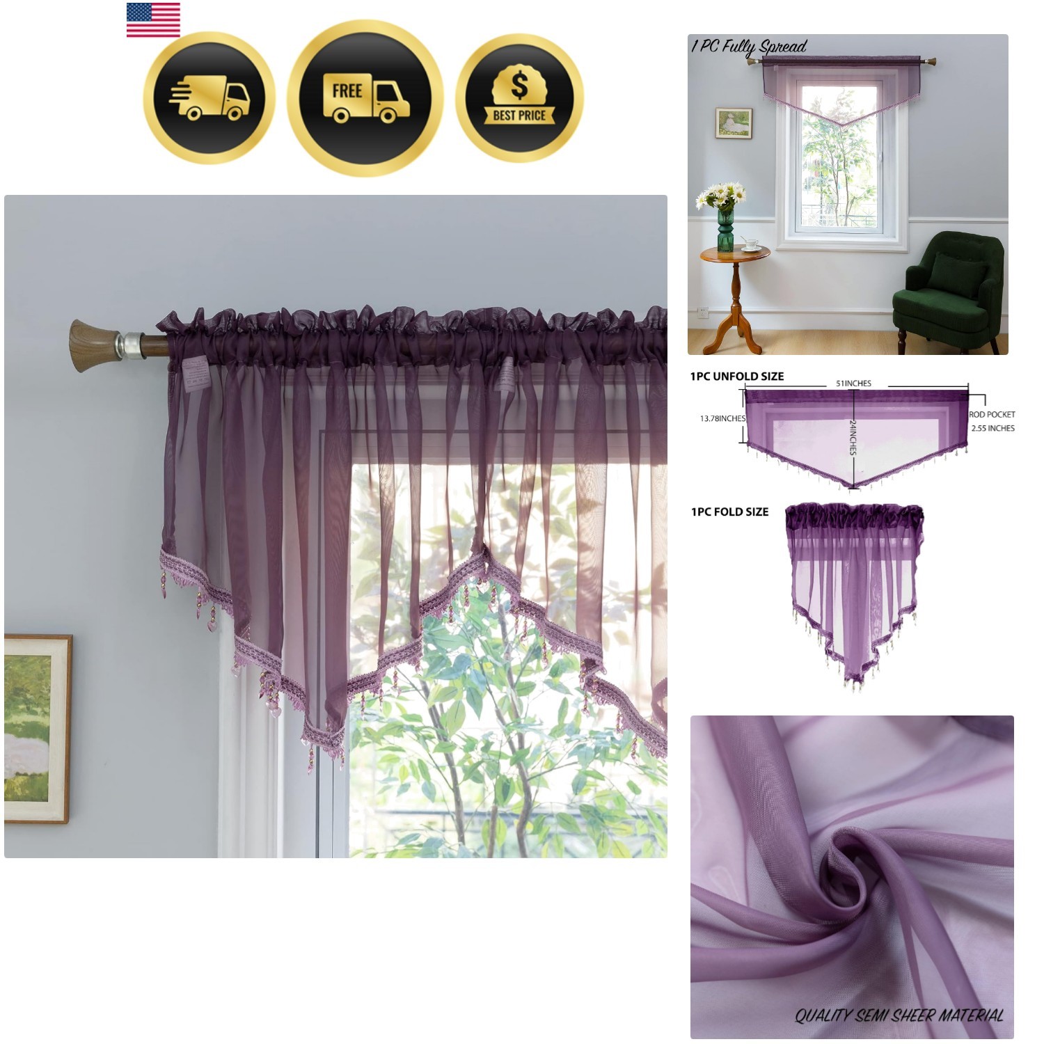 Beaded Sheer Valance Curtains for Living Room,Rod Pocket Farmhouse Window Val…