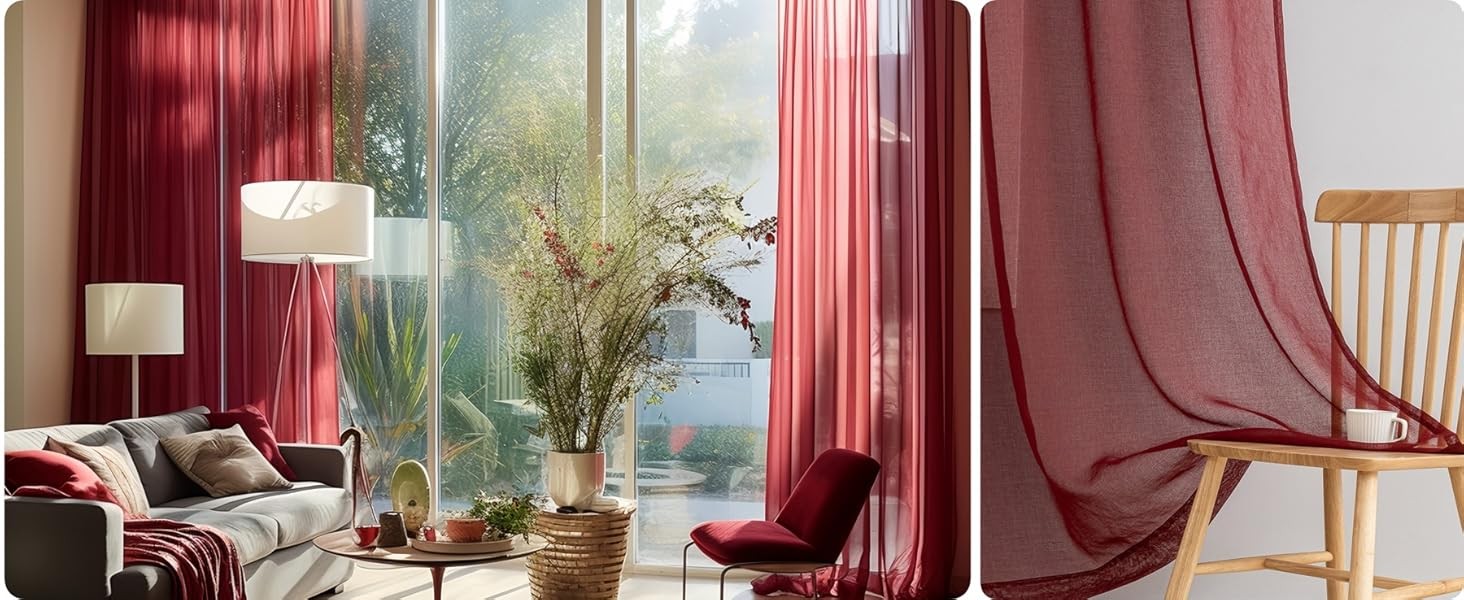 Sheer Curtains 84 inch Length 2 Panels Set, Semi Sheer Curtain Drapes, Burgundy