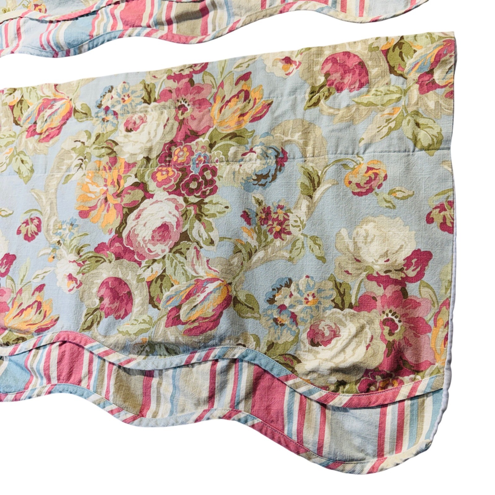 Waverly Floral Scalloped Window Valance Pair Cottagecore Rose Stripe Trim 47×20