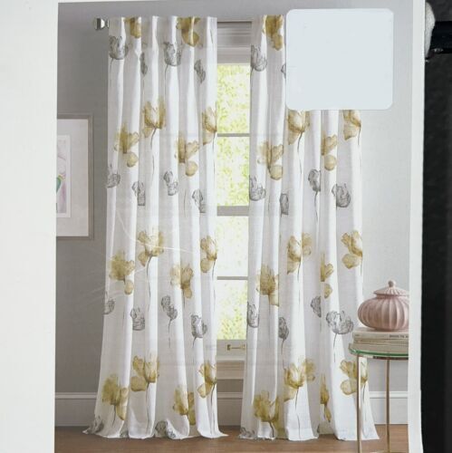 DKNY 32 x 96 City Bloom Inverted Pleat Cotton White Yellow Gray Flowers Curtains