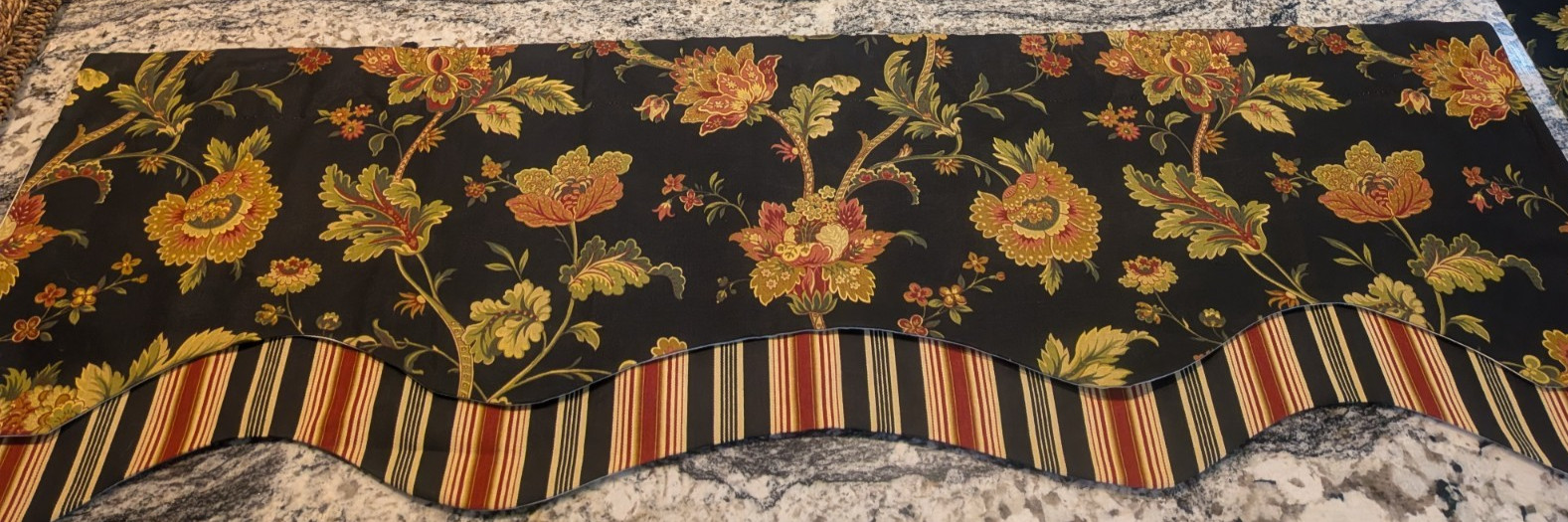1 black green gold burgundy tan Jacobean /Striped Scalloped Valance 52″x16″