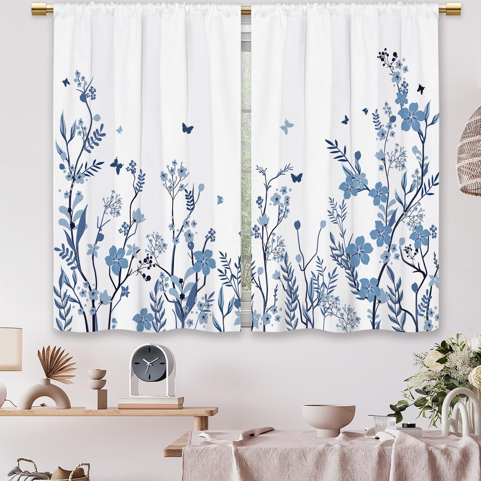 Watercolor Blue Flower Kitchen Curtains Floral Plant Small Short Cafe Window …