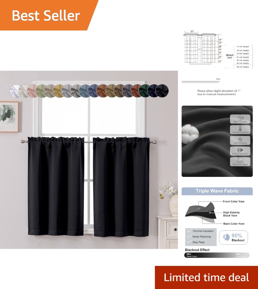 Versatile Blackout Window Curtains 30”W x 36”L – Ideal for Kitchen & Basements