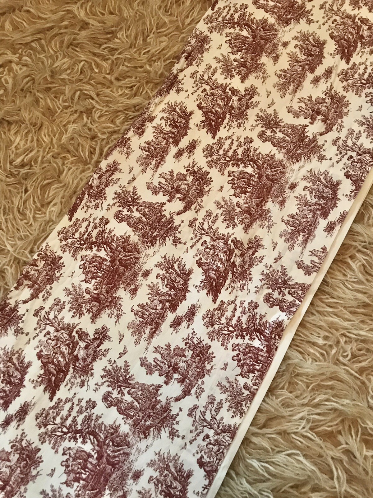 RED & IVORY 100% COTTON FRENCH TOILE 130”x16” LINED CURTAIN VALANCE