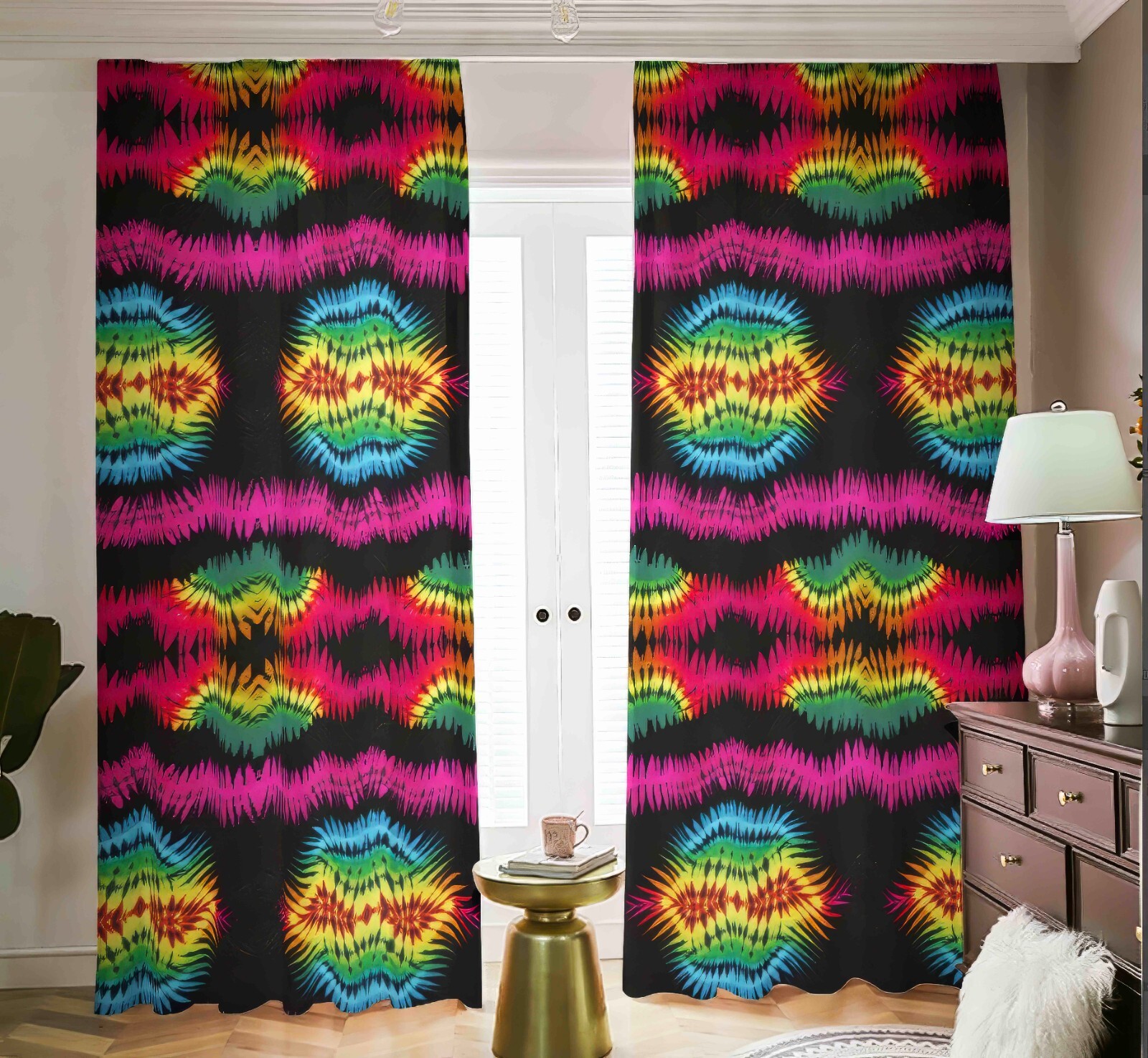 Psychedelic Tie Dye Blackout Curtains Tied Dyed Black Out Rainbow Trippy Batik