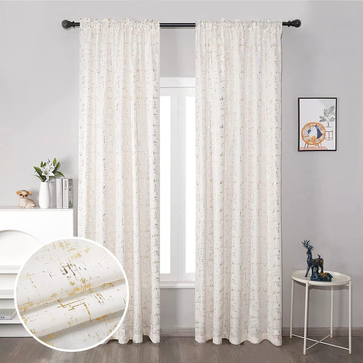 Gold Foil Print Linen Textured Curtains Geometric Dots Pattern Design Curtains f