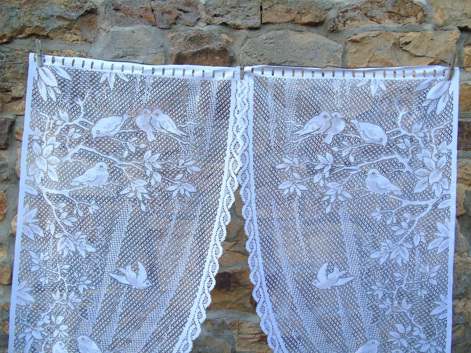 French pair white curtains lace motif bird flower 24» x 62» of each
