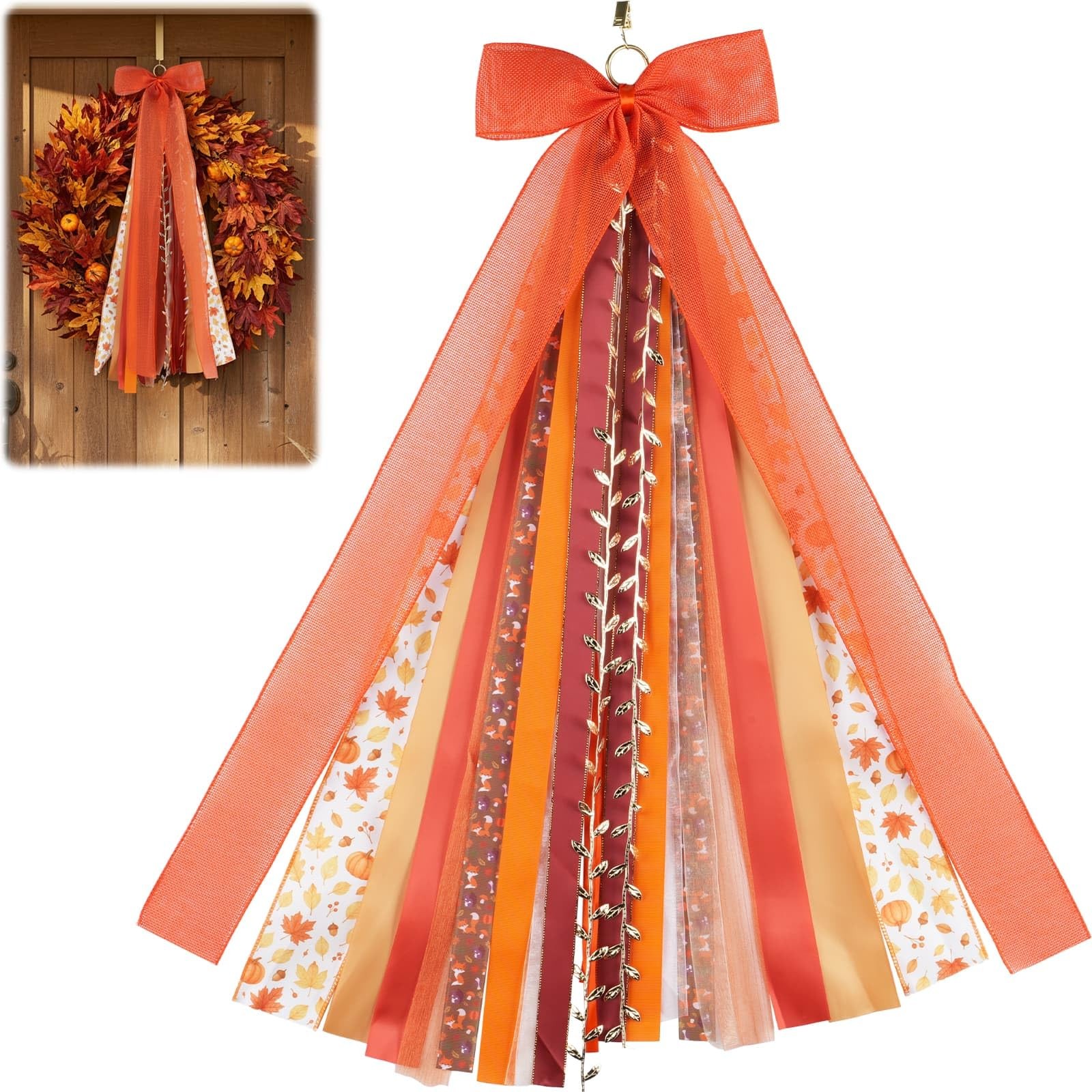 Fall Wreath Sash for Door, 27″ Autumn Sash Bow Front Door Decoration, Large H…