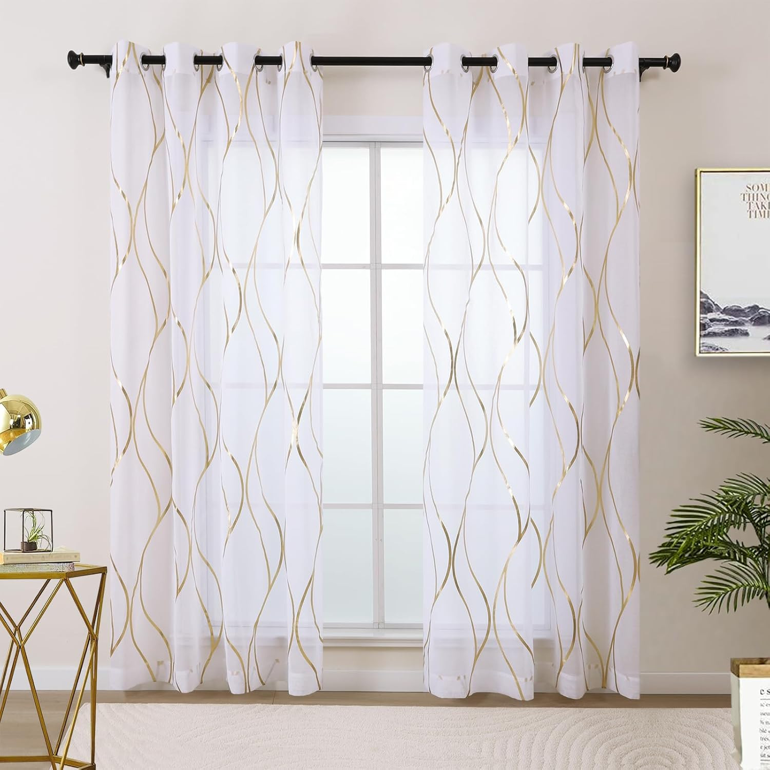 White and Gold Sheer Curtains 84 Inches Long 2 Panels Set, Gold Foil Printed She