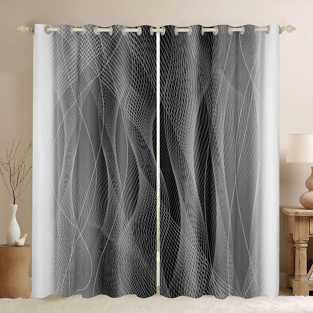 Jejeloiu 2 Panels 38 X 54 Inch Grey And Black Darkening Drapes Strip Lines