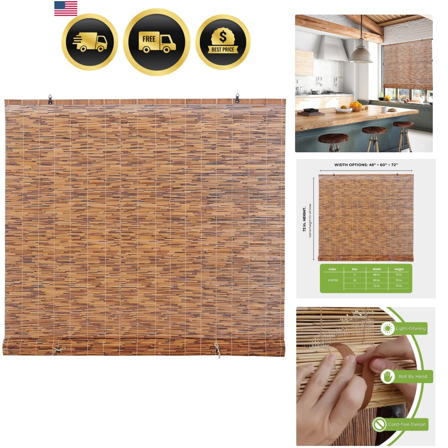Light-Filtering Cord-Free Bamboo Reed Roll-Up Blind Shades for Windows Manual…