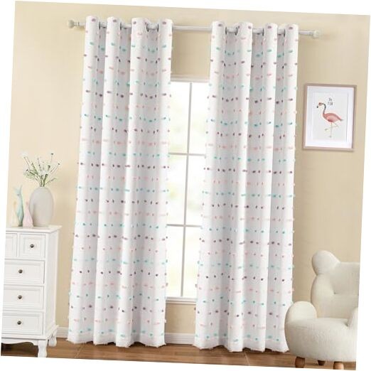 100% Blackout Curtains for Bedroom 52″W x 90″L (Pack of 2) Rainbow Pom Pom