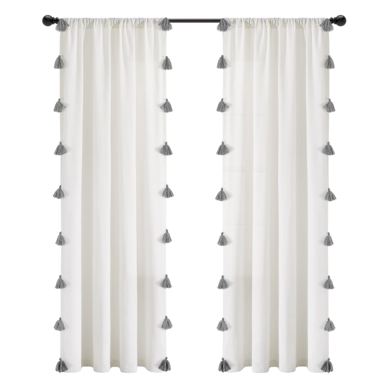 Boho Faux Linen Texture Tassel Window Curtain Panel Single 52″ W x 84″ L Whit…