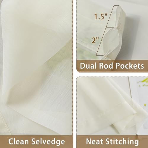 Sheer Curtains 63 Inch Length, Privacy Semi 42″W x 63″L (Pack of 2) Natural
