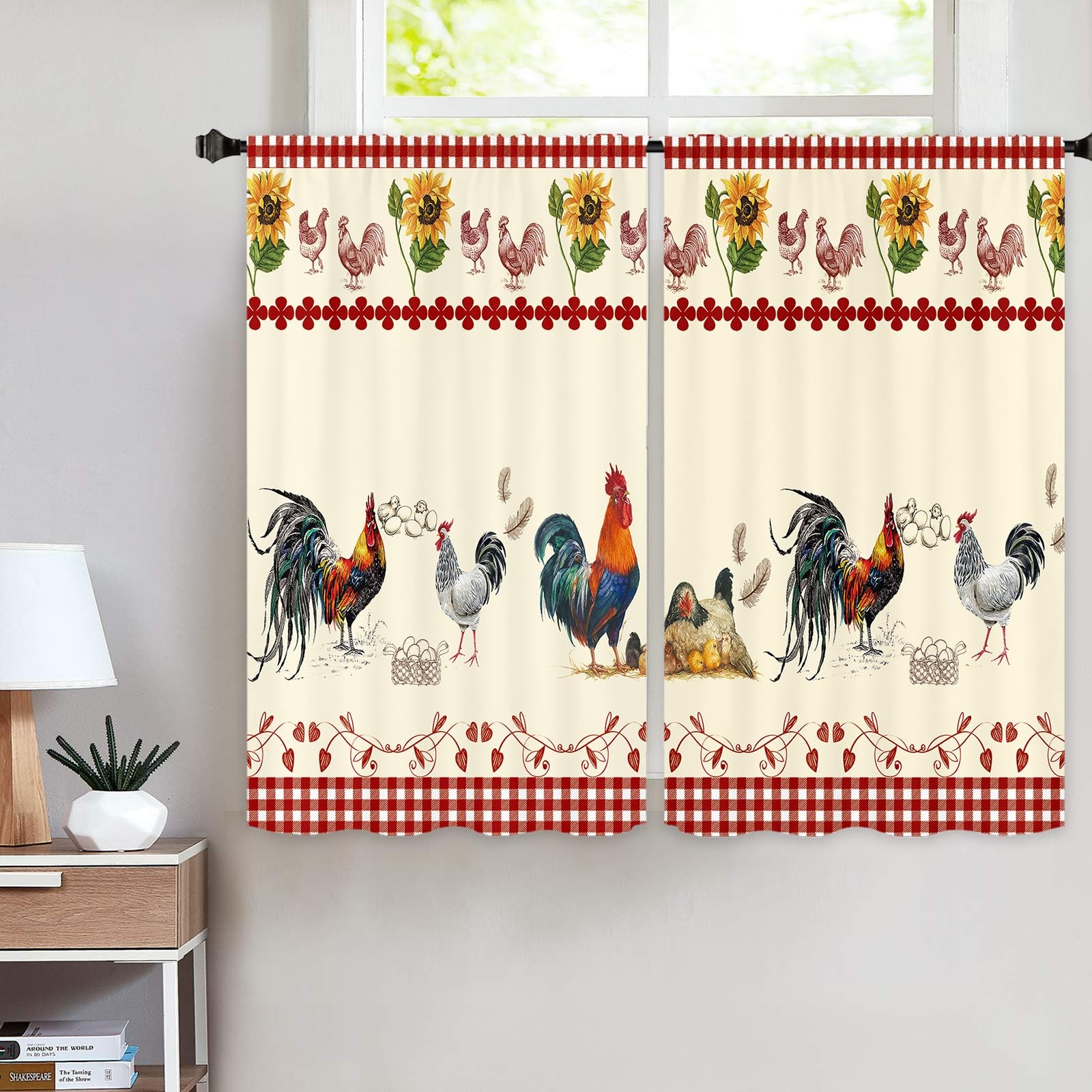 Rooster Chicken Kitchen Window Curtains 2 Panels 27.5W x 39H Rod Pocket Farmh…