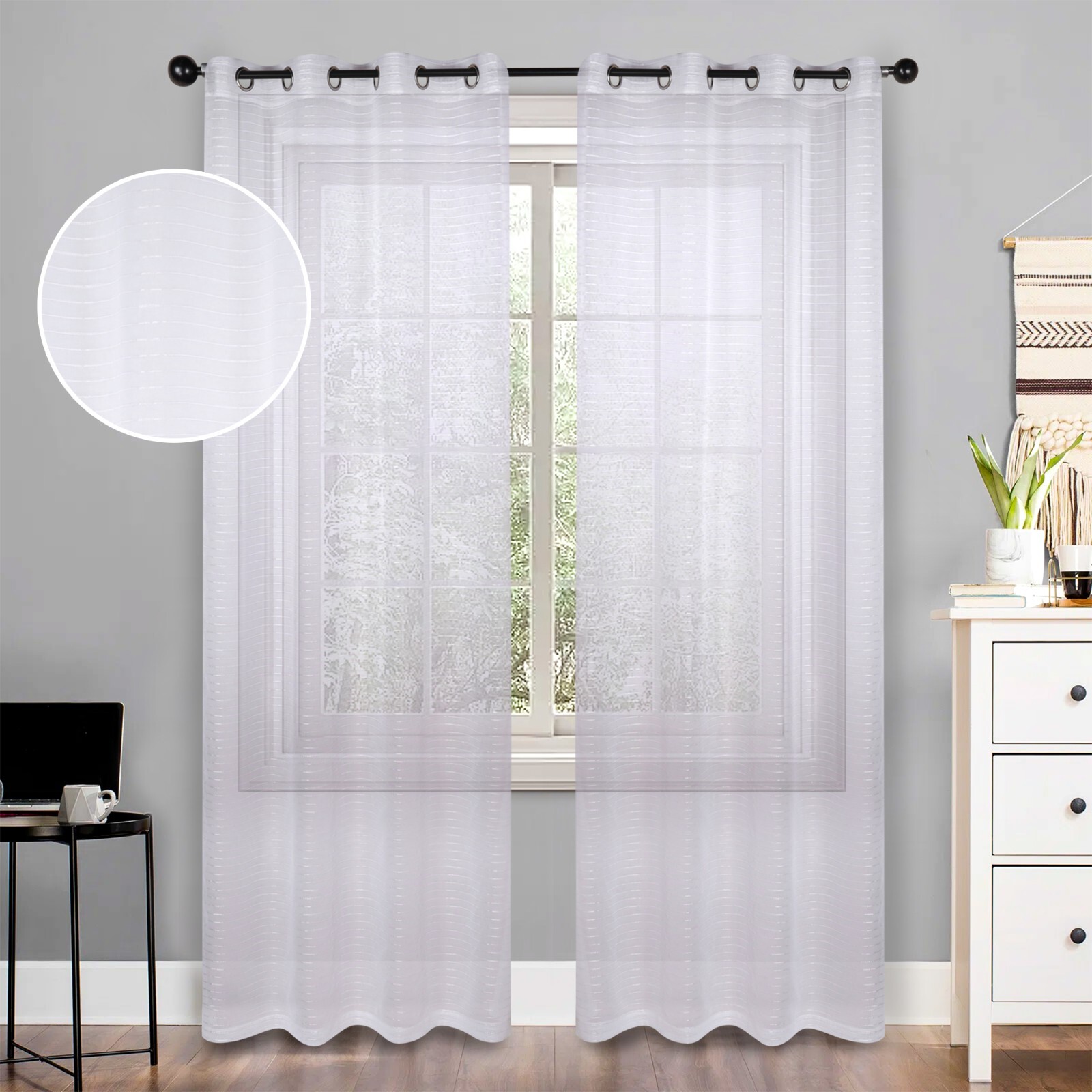 Jackson Stripe Sheer Lightweight Transitional Grommet Window Curtain Panel Set